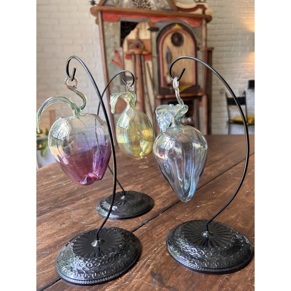 SET of 3 Vintage Italian Artisan HAND BLOWN GLASS Fruit Ornaments + Stands - Picture 9 of 16